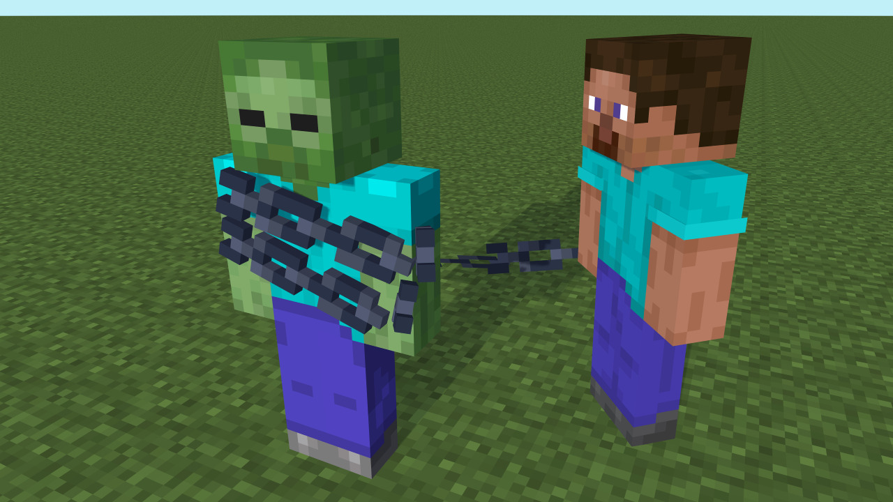 Steve chaining a Zombie