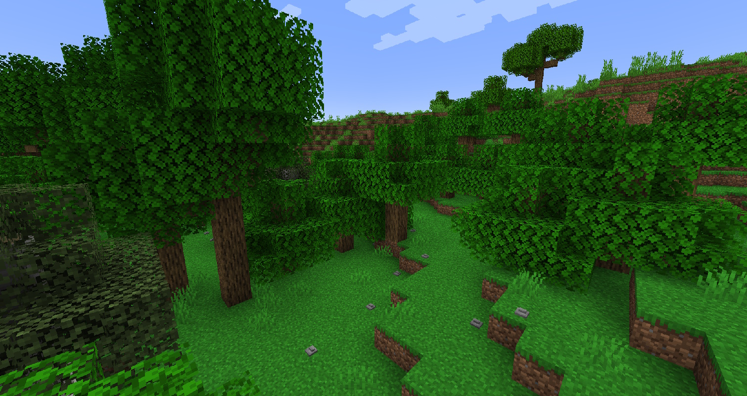 A picture of a minecraft forest with much greener grass