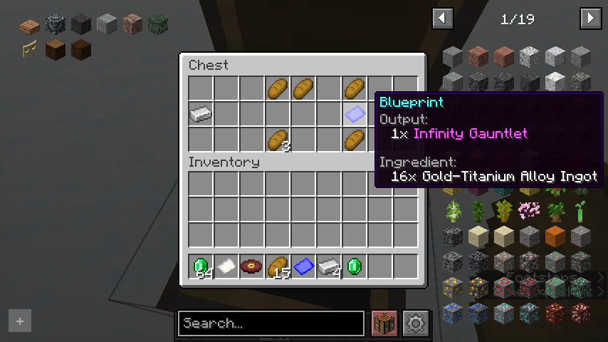 Shows the infinity gauntlet blueprint table in the armorer village chest with other loot.