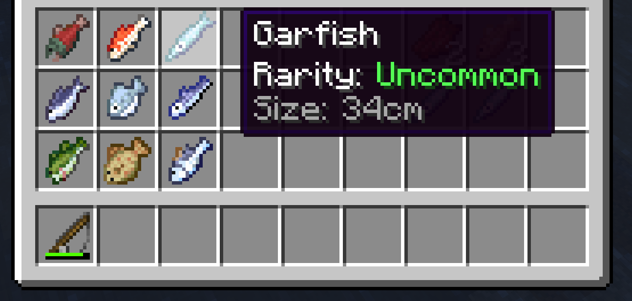 Showcases various new fish variants and the new rarity and size tooltips