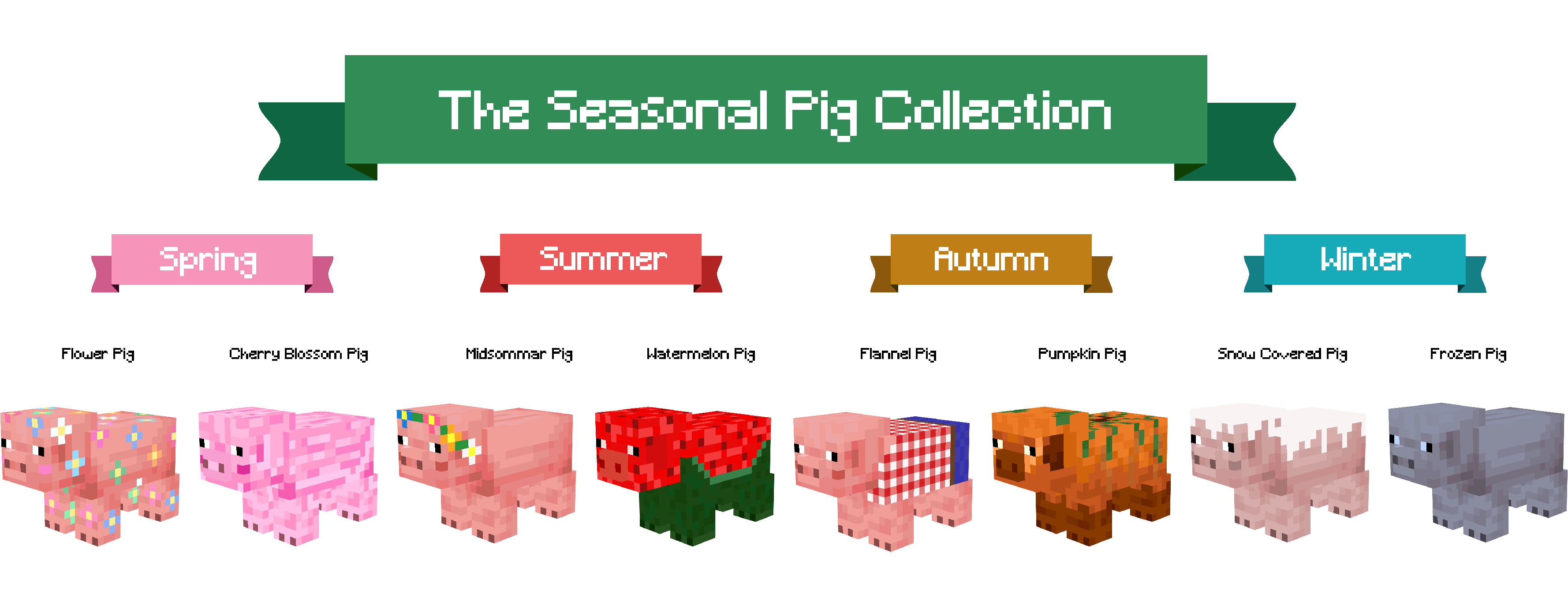 All 8 seasonal pigs are shown from the front/side with a name and seasonal banner