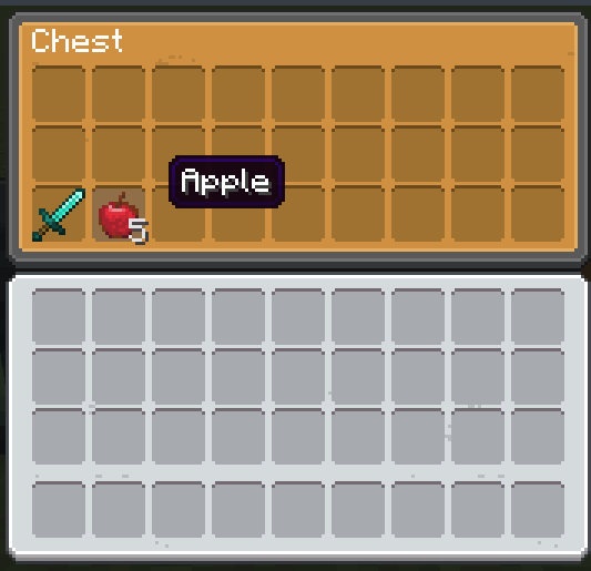 Chest UI thats accented like the chest with rounded slots with a Diamond Sword and 5 Apples on the first 2 slots of the 3rd row with an empty inventory.