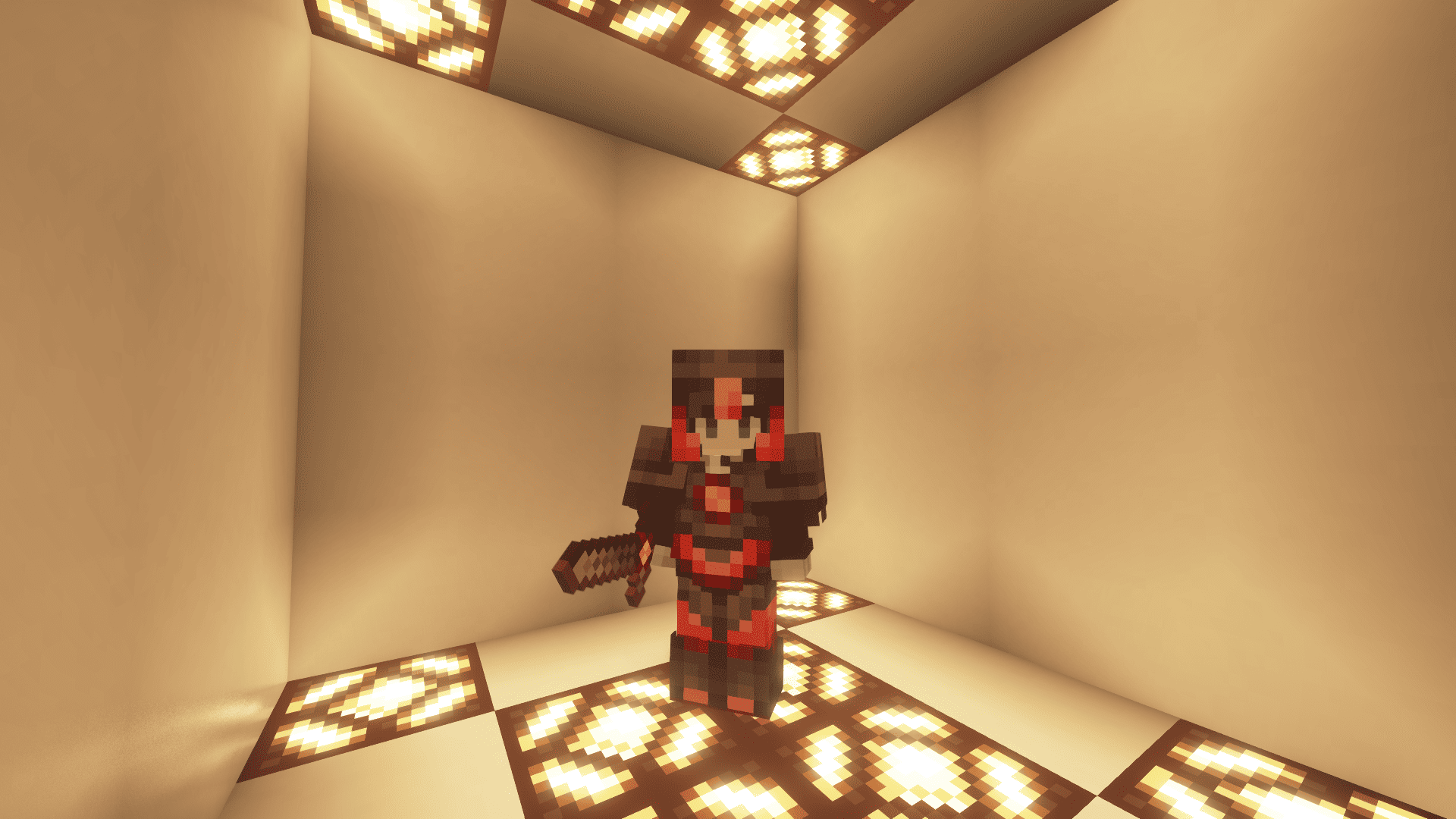 A full ruby netherite armor set on a Minecraft player.