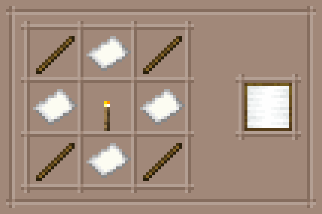 A 3x3 crafting grid with sticks in the corners, paper on the sides, and a torch in the center