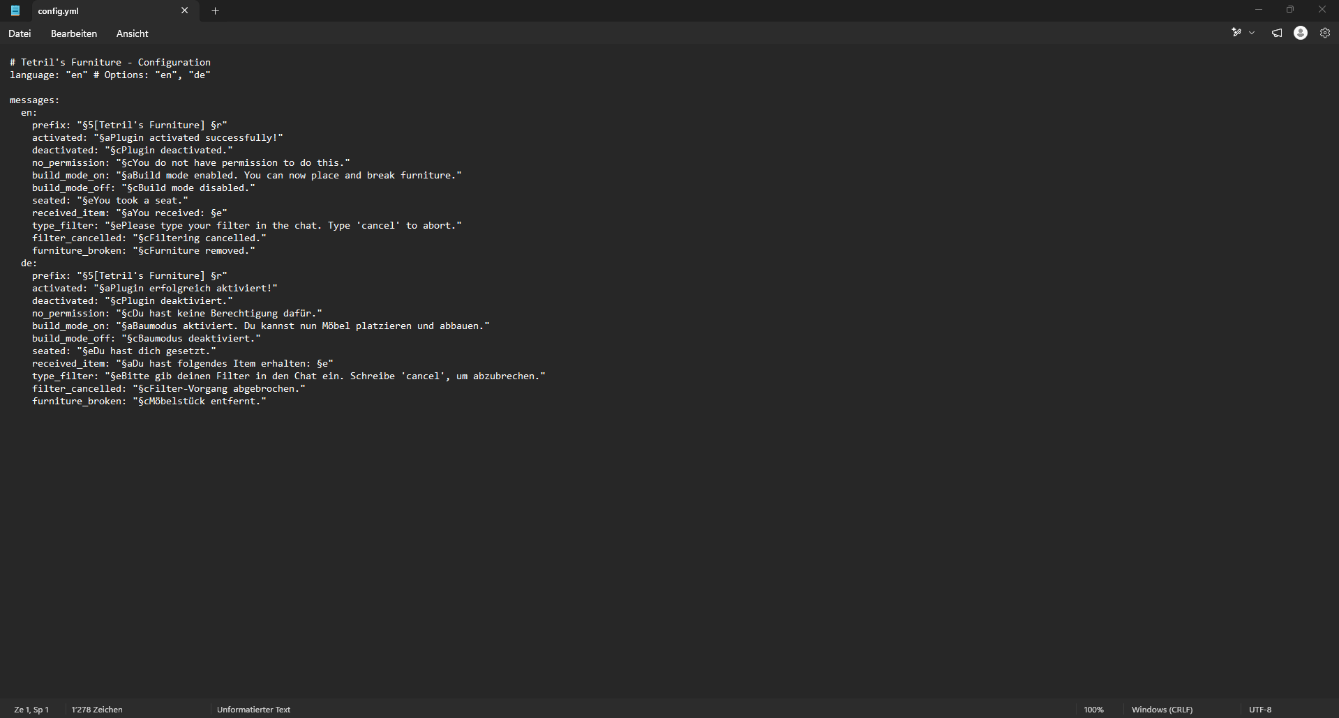 This image is a screenshot of a config.yml configuration file for a Minecraft plugin titled "Tetril's Furniture". The file is shown in a text editor with a dark theme and outlines the localization settings for the plugin.