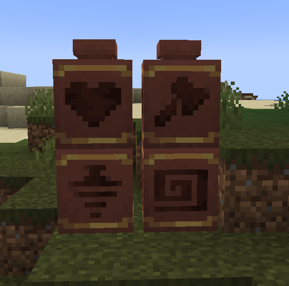 4 decorated pots displaying the 3 new designs from the upcoming experimental 1.21 pack