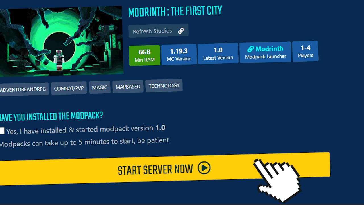 Animated GIF showing the steps to install and play TheFirst City [Server Modpack] on a server