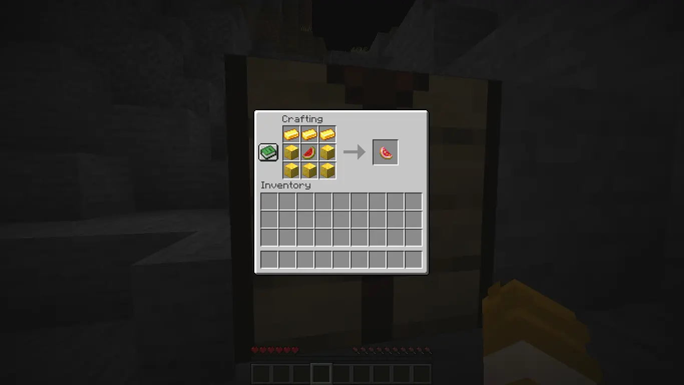 A crafting recipe for the Slice of Life, containing 5 gold blocks, 3 gold ingots, and a melon slice, resulting in an enchanted glistering melon slice.