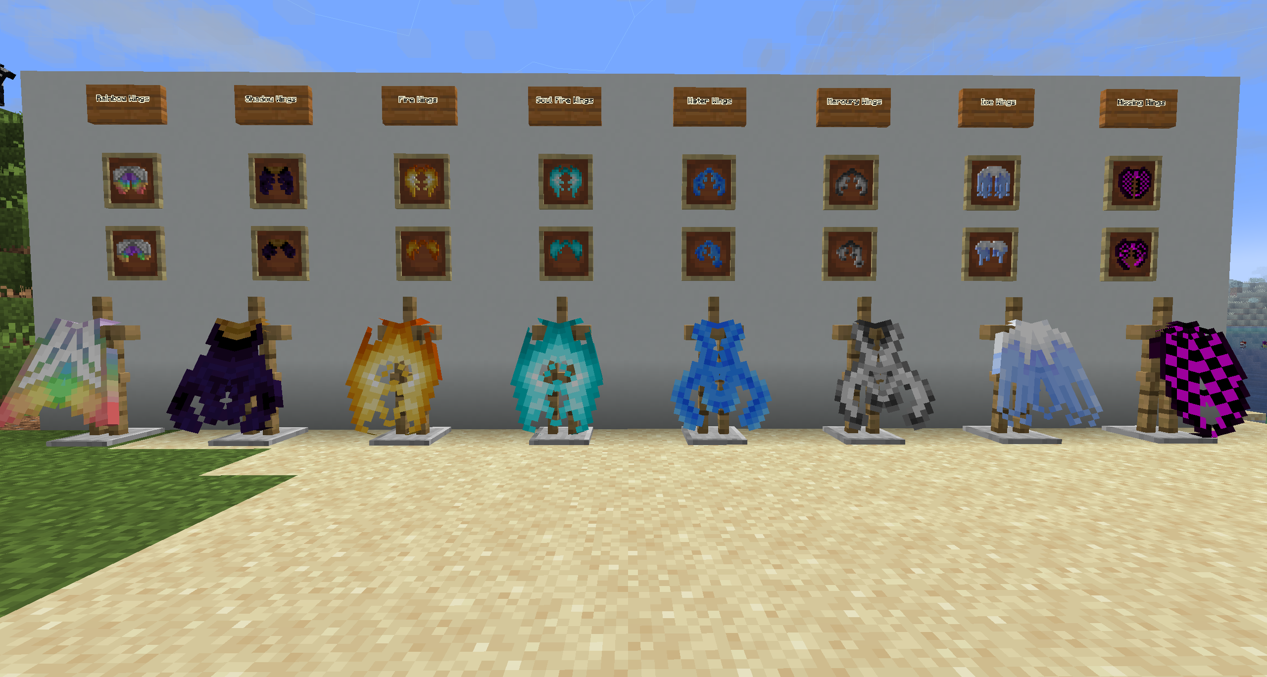 A Minecraft screenshot featuring eight custom wing textures against a white background. From left to right, the wings include: "Rainbow Wings", a pair that resemble bird wings with rainbow and white feathers; "Shadow Wings," a pair of wings that resembles a shadowy blob; "Fire Wings", a pair of wings made of fire; "Soul Fire Wings", a pair of wings made of soul fire; "Water Wings", a pair of wings made of water; "Mercury Wings", a pair of wings made of mercury; "Ice Wings", a pair of wings that resembles icicles; and "Missing Wings", a pair of wings with the magenta-and-black missing texture pattern.