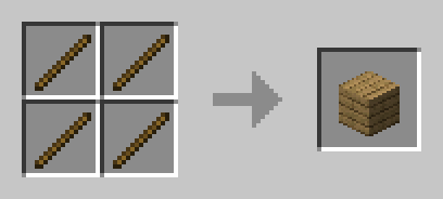 crafting recipe showing sticks being turned into planks.