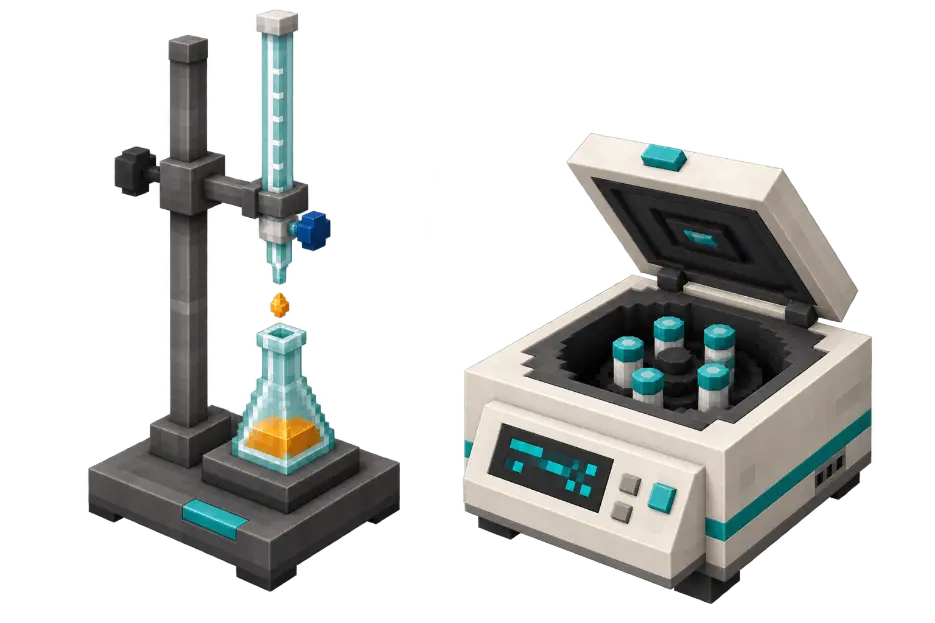 A graphite Ring Stand performing a Burette transfer beside an open white-enamel Centrifuge, both translated from their in-mod designs