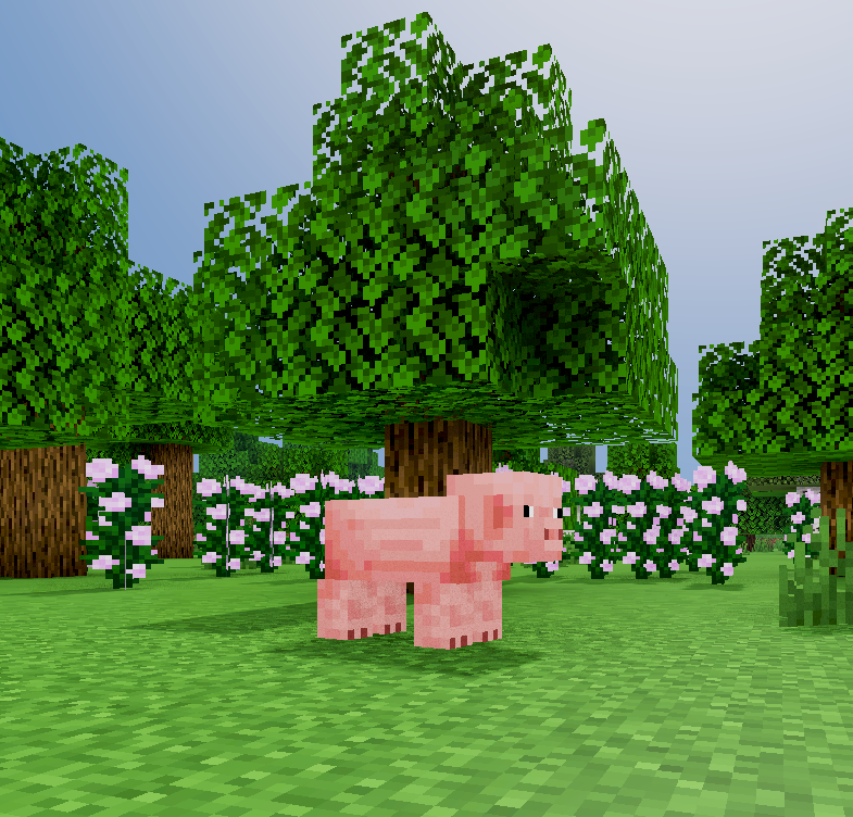 cute pig, standing infront of a tree and flowers.