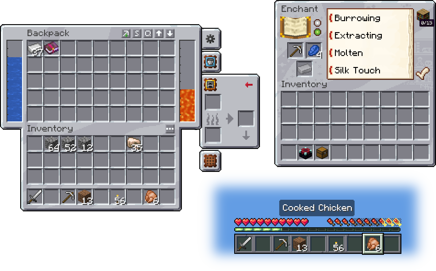 A showcase of the resource pack applied to UI elements from Traveller's Backpacks, Enchancement, and Appleskin