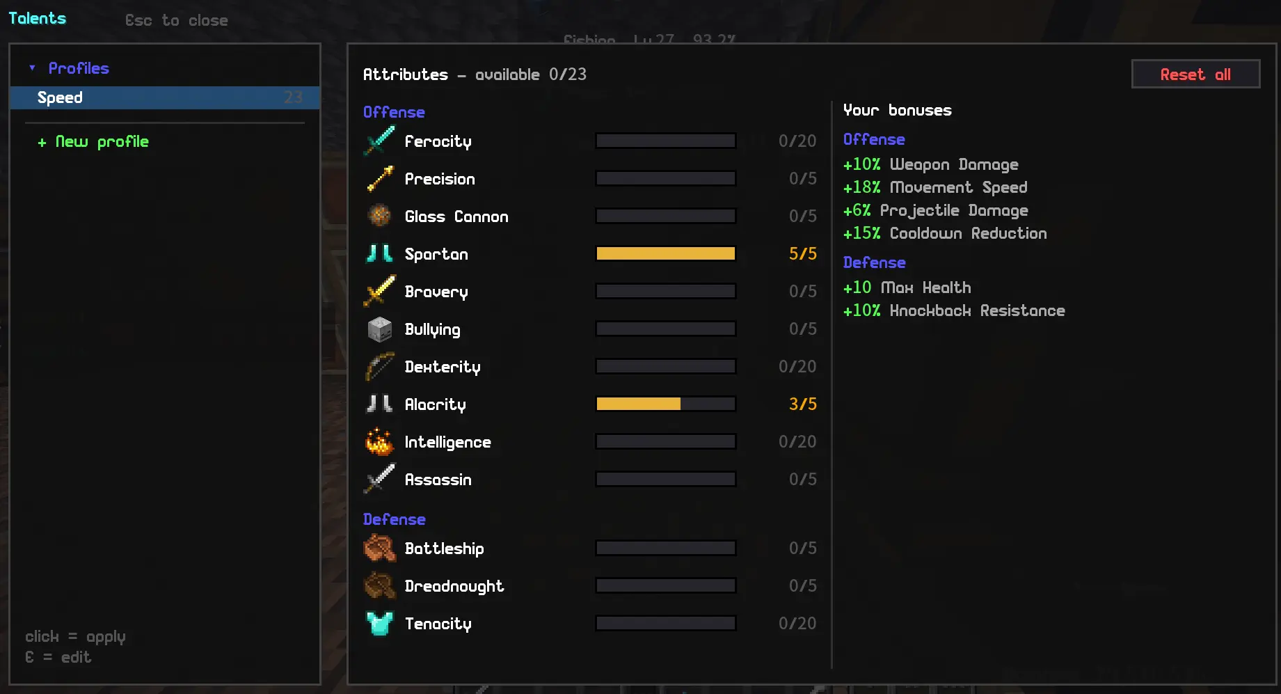 Talents menu
