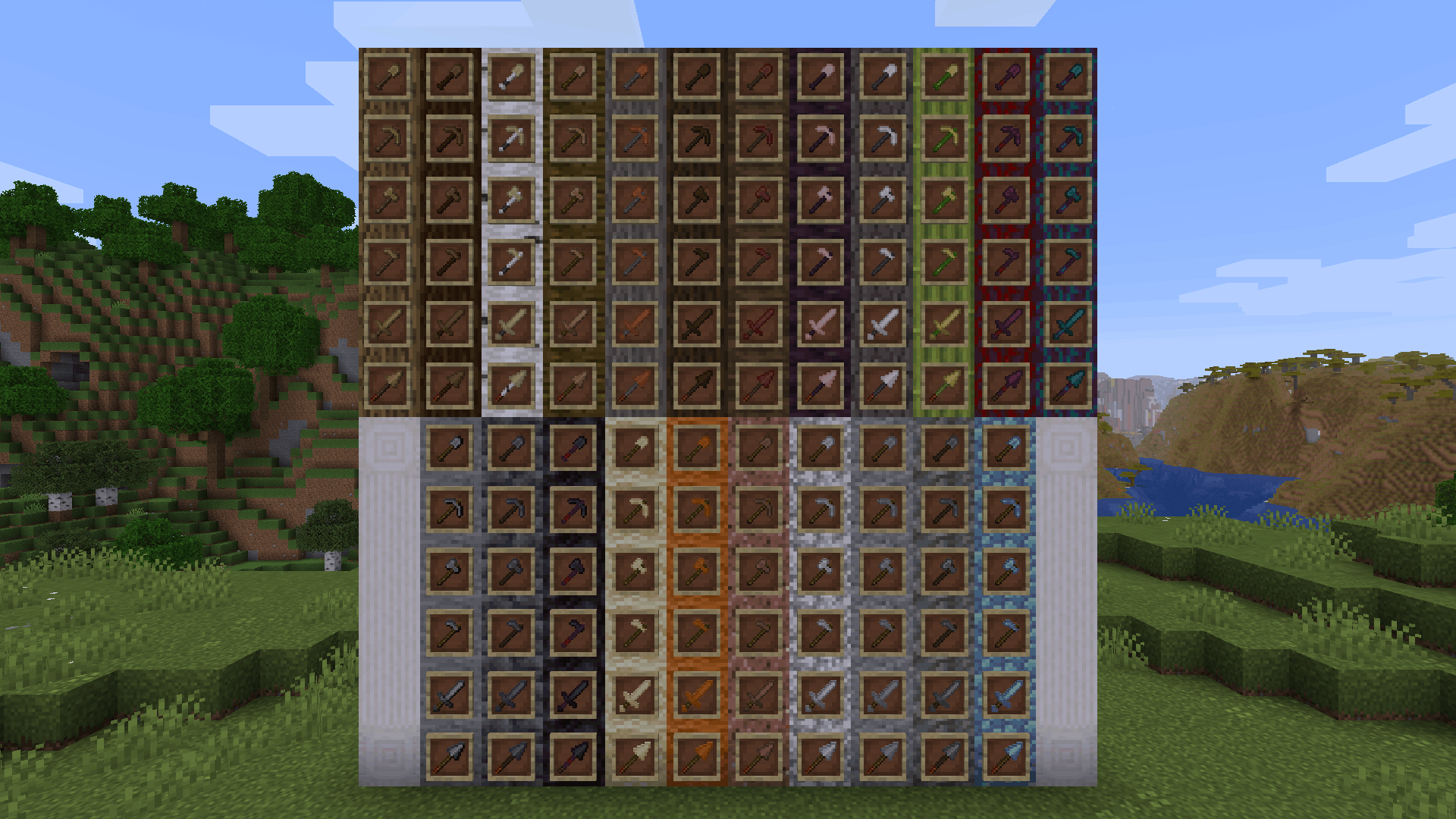 An image of every different tool texture in this pack. World seed: "1.21.10", taken at 1615 93.5 618.5
