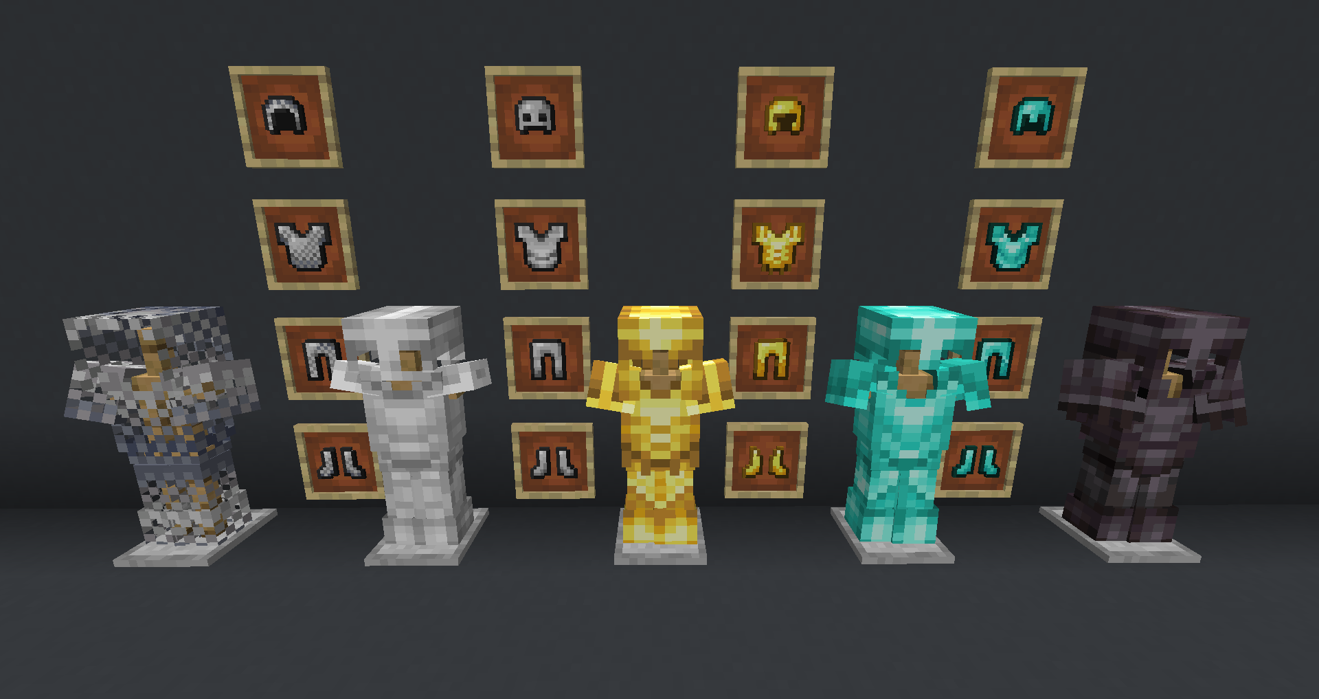 All of the armors, plus an unmodified Netherite armor set for comparison.