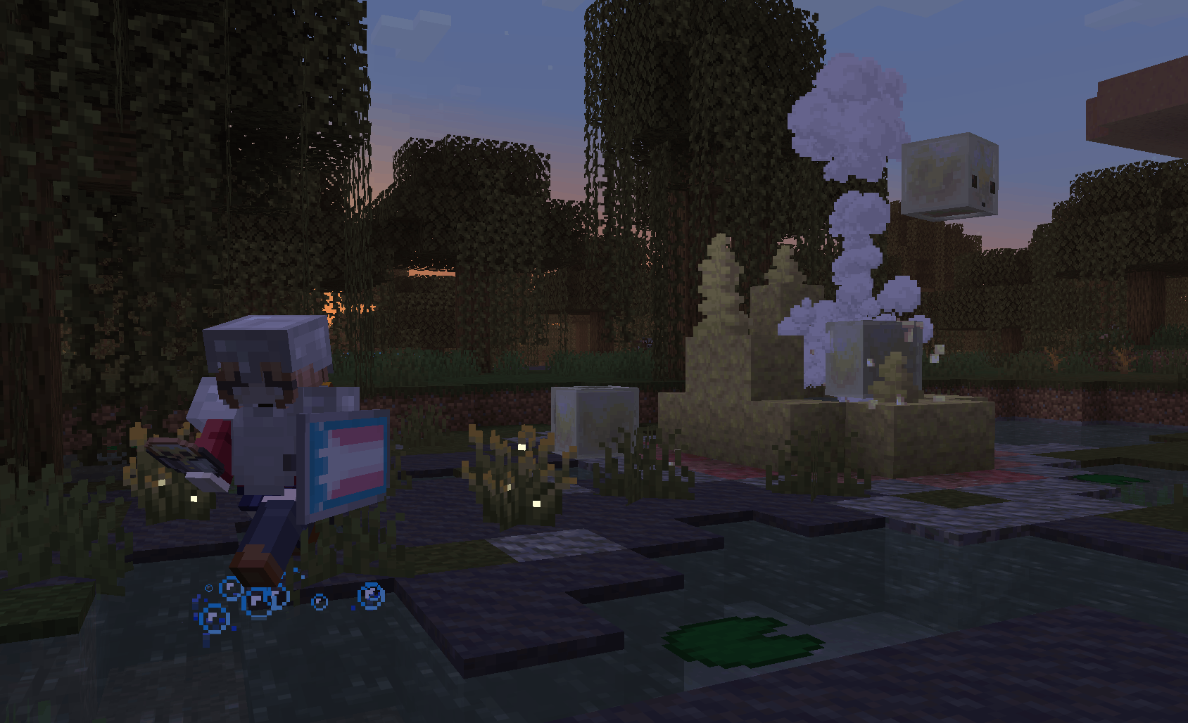 A shot of a player running away from a sulfur spring while holding a bucket of captured Sulfur Cubes, with the backdrop of an upgraded swamp.