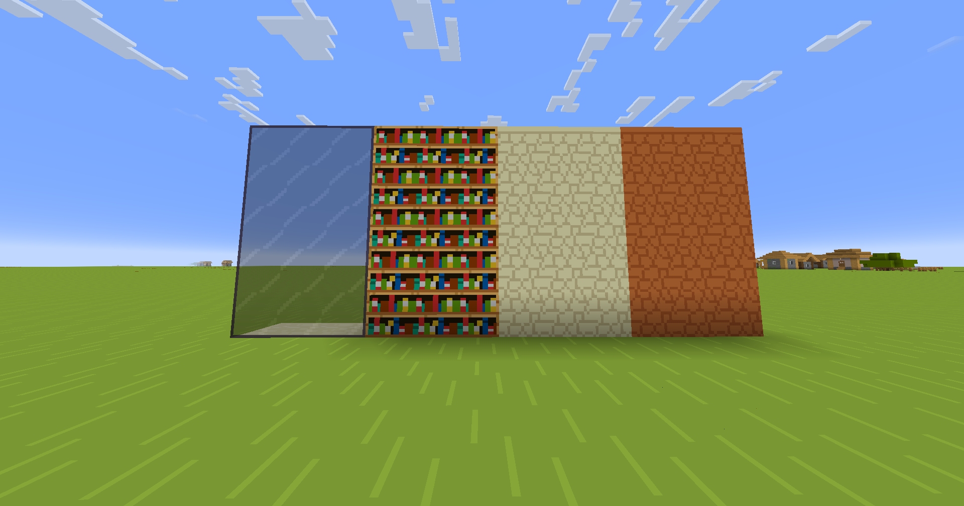 There are four columns of blocks, each three blocks wide and five blocks tall. The first is tinted glass, the second bookshelves , the third sandstone, and the fourth red sandstone.