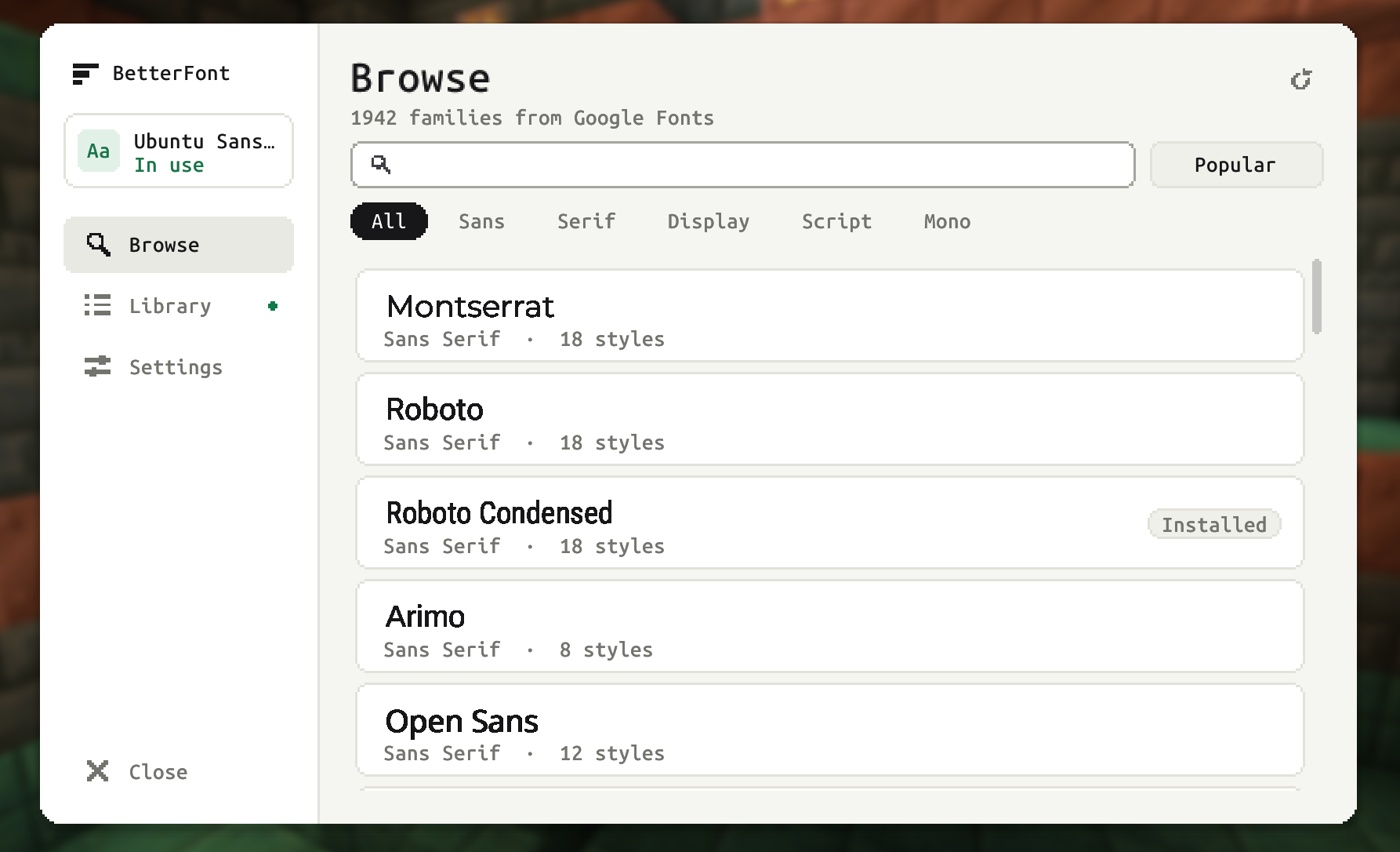 Browse screen
