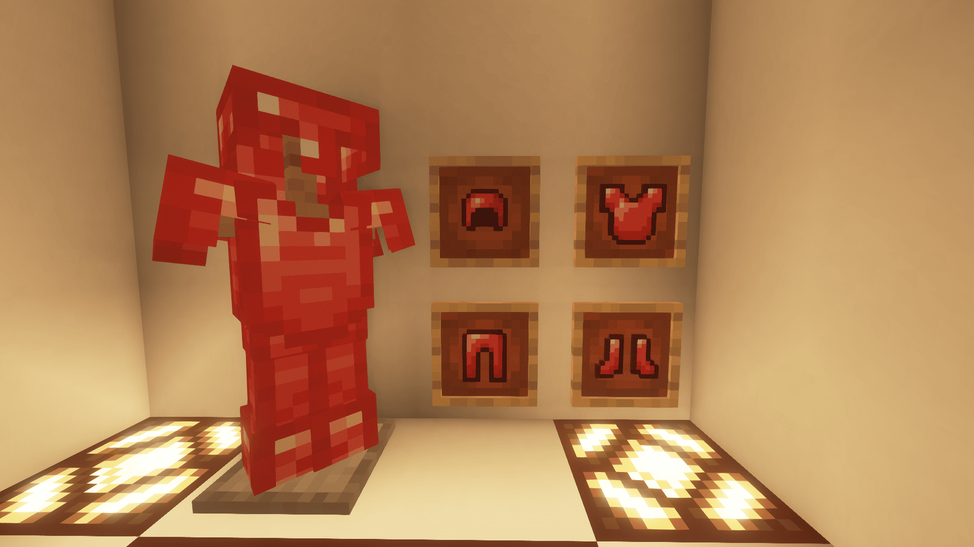 A full ruby armor set in Minecraft.