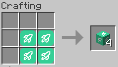 3x3 crafting menu with only the 2x2 region the bottom right filled out with Sodiboost items. The result is 4 Sodiboo blocks