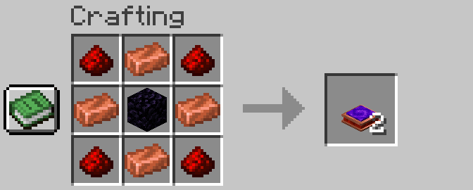 An image of a Minecraft crafting recipe, using copper ingots, redstone and obsidian to make two teleporter blocks