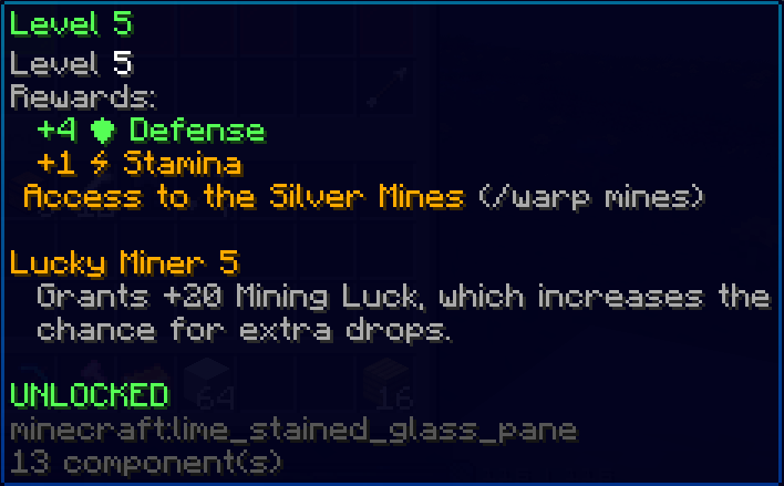 An image of an unlocked mining perk that gives +4 defense, +1 stamina, +4 mining luck, and access to the Silver Mines.
