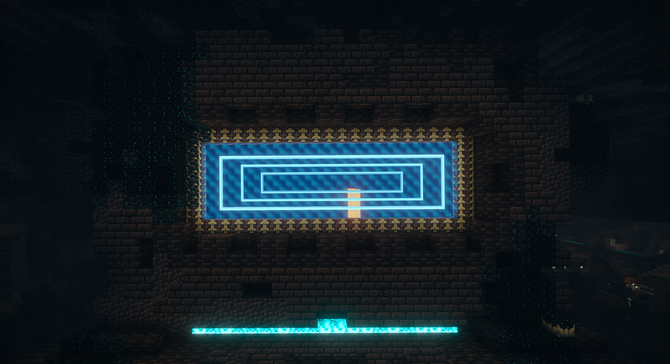 Portal activating with Photon shaders, custom animation, and glowing cyan portal blocks.