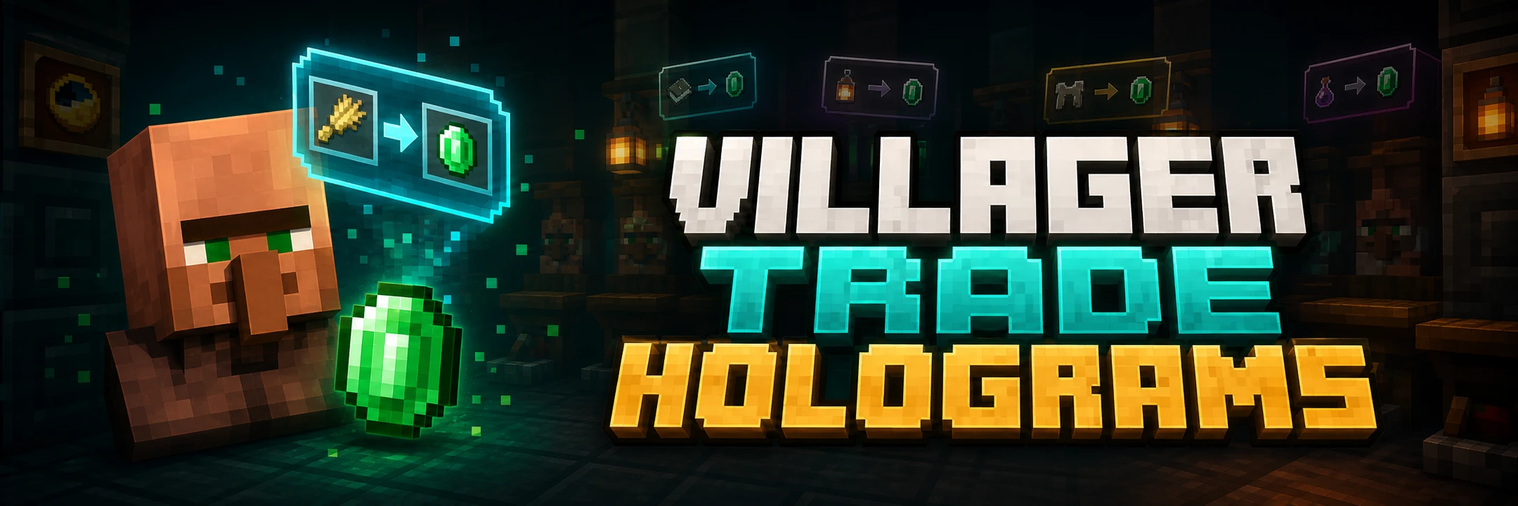 Villager Trade Holograms banner with villager, emerald and floating trade cards