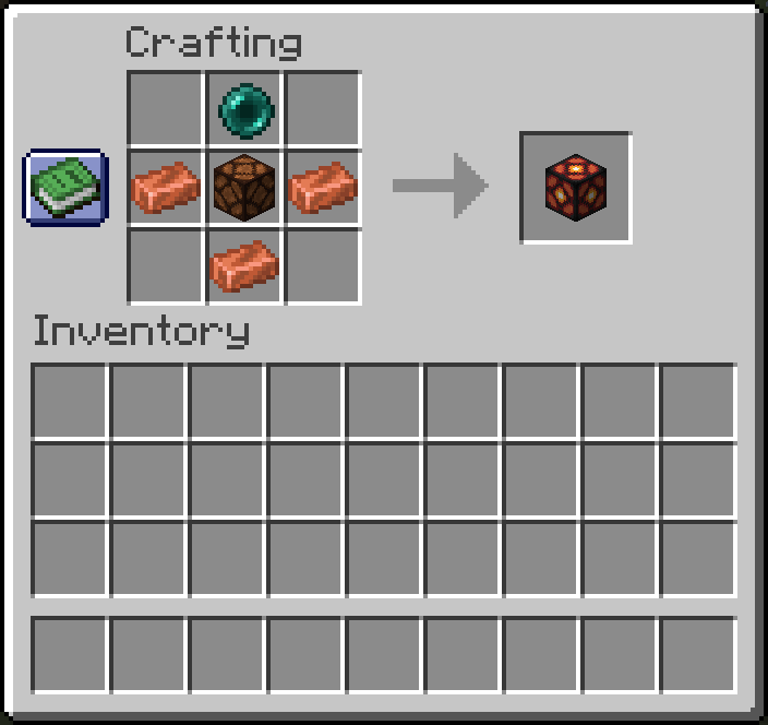The recipe of the mod's main block : an ender pearl on top, a redstone lamp in the middle, and three copper ingots on the sides