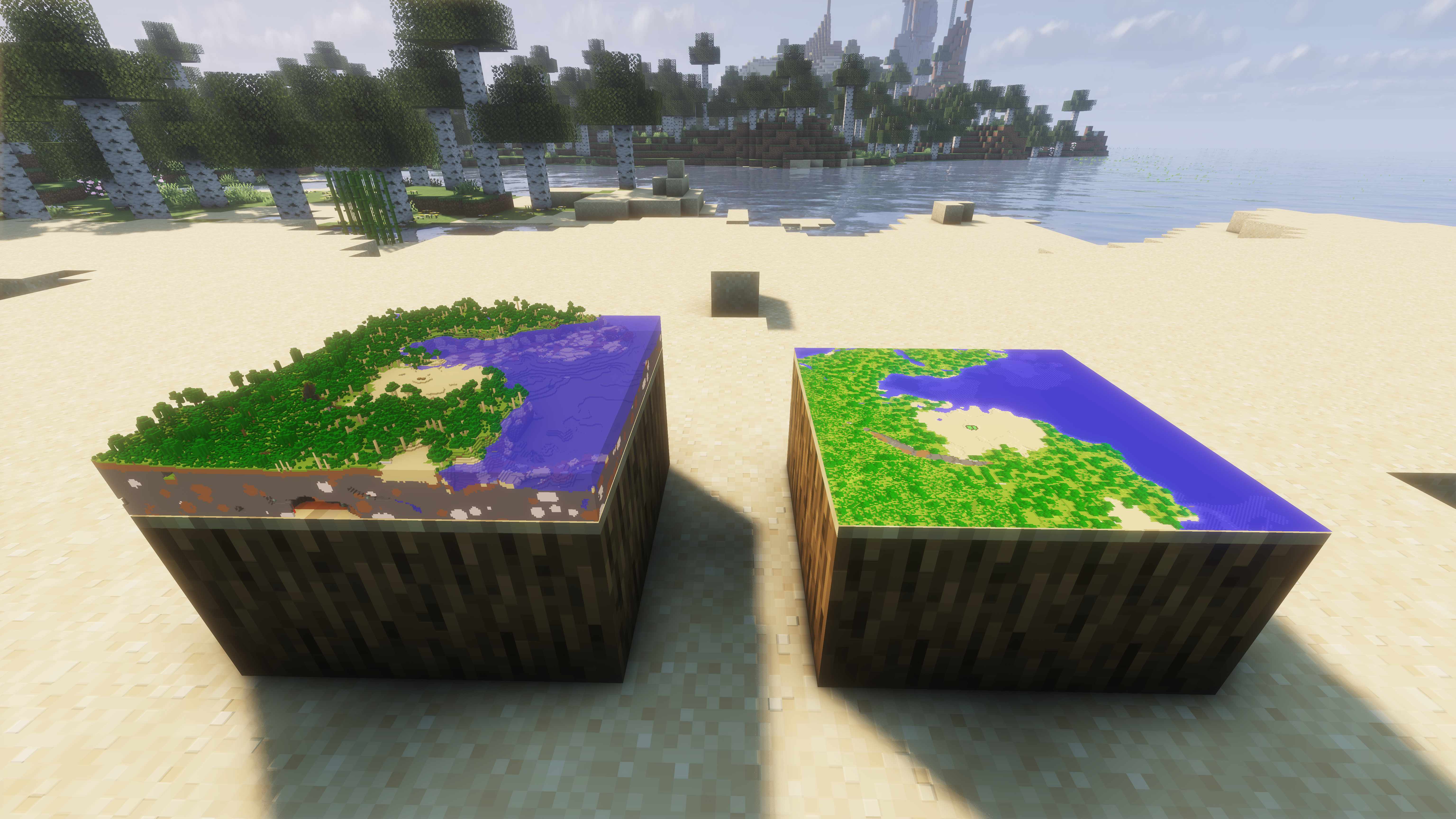 A side-by-side comparison of the same Minecraft map rendered in 3D and in vanilla 2D