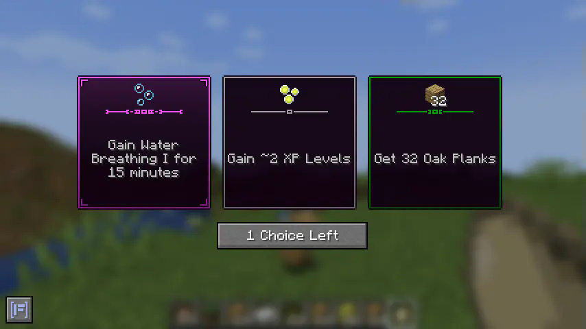 Loot choice GUI. Three tooltip-like choice tiles are shown: gain 15 minutes of water breathing, or gain about 2 XP levels, or get 32 oak planks.