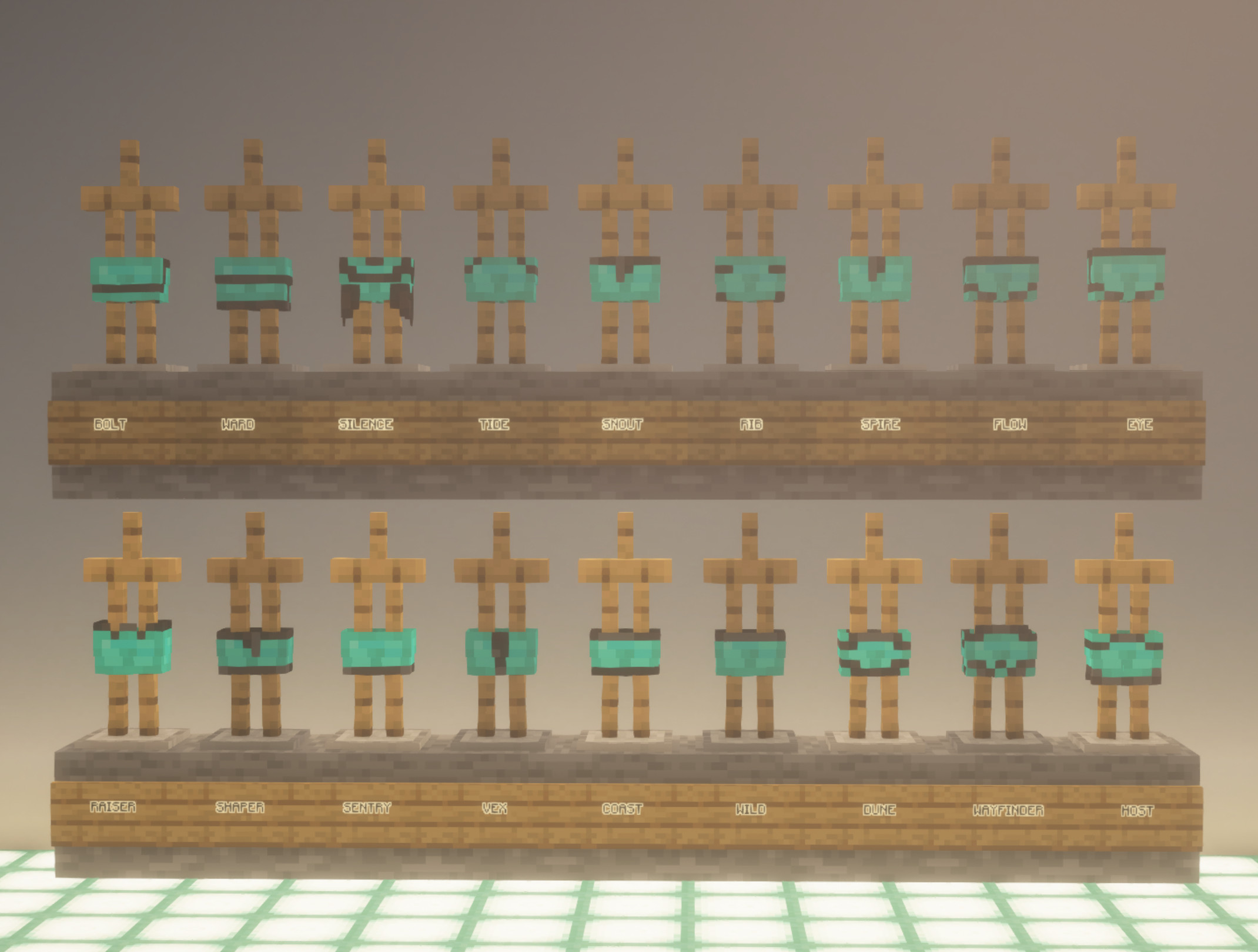 A grid of armor stands displays each trim on diamond shorts/leggings.