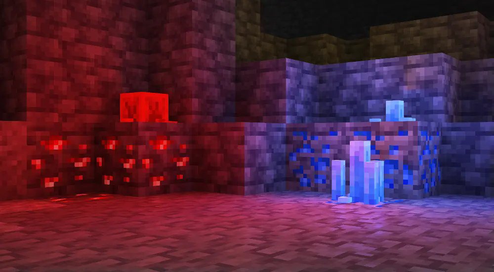 Redstone and lapis formations in a cave