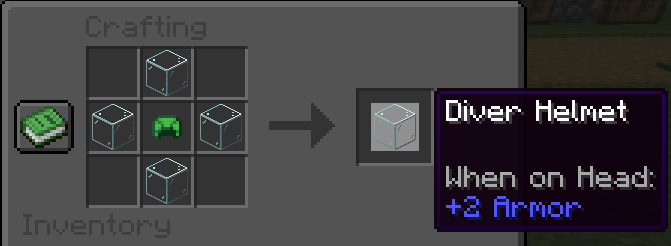 a screenshot of the recipe of the diving helmet (a turtle helmet + four pieces of glass around it)