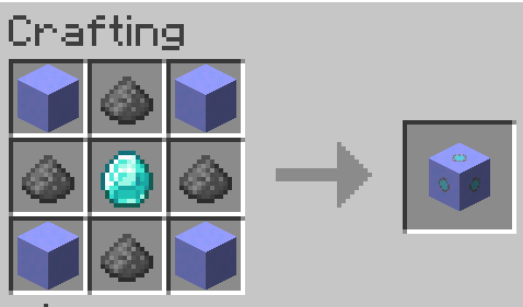 First item: Blue Snow Block, Second Item: Gunpowder, Third Item: Blue Snow Block, Fourth Item: Gunpowder, Fifth Item: Diamond, Sixth Item: Gunpowder, Seventh Item: Blue Snow Block, Eigth Item: Gun Powder, Ninth Item: Blue Snow Block, Result: Blue Snow Golem Core