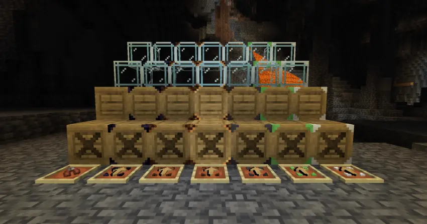 All crate upgrades in a dark cave lit by lamp crates