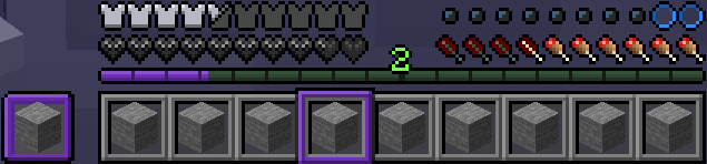 Withered black hardcore hearts that look kind of sharp, a purple offhand outliner, a clean looking bubble, a slanted armor indicator, a bone to represent missing hunger, a chicken leg to represent being full, a cleaner hotbar, a purple hotbar selector, a purple experience bar, and a green background to the experience bar