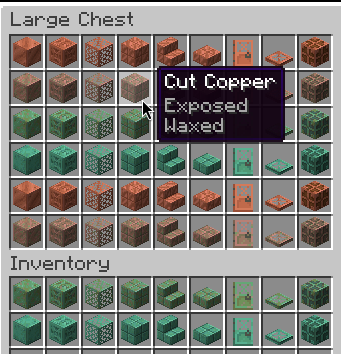 An inventory full of copper. The cursor is hovering over a Waxed Exposed Cut Copper block, but the tooltip just says "Cut Copper" with two gray lines below: "Exposed" and "Waxed".