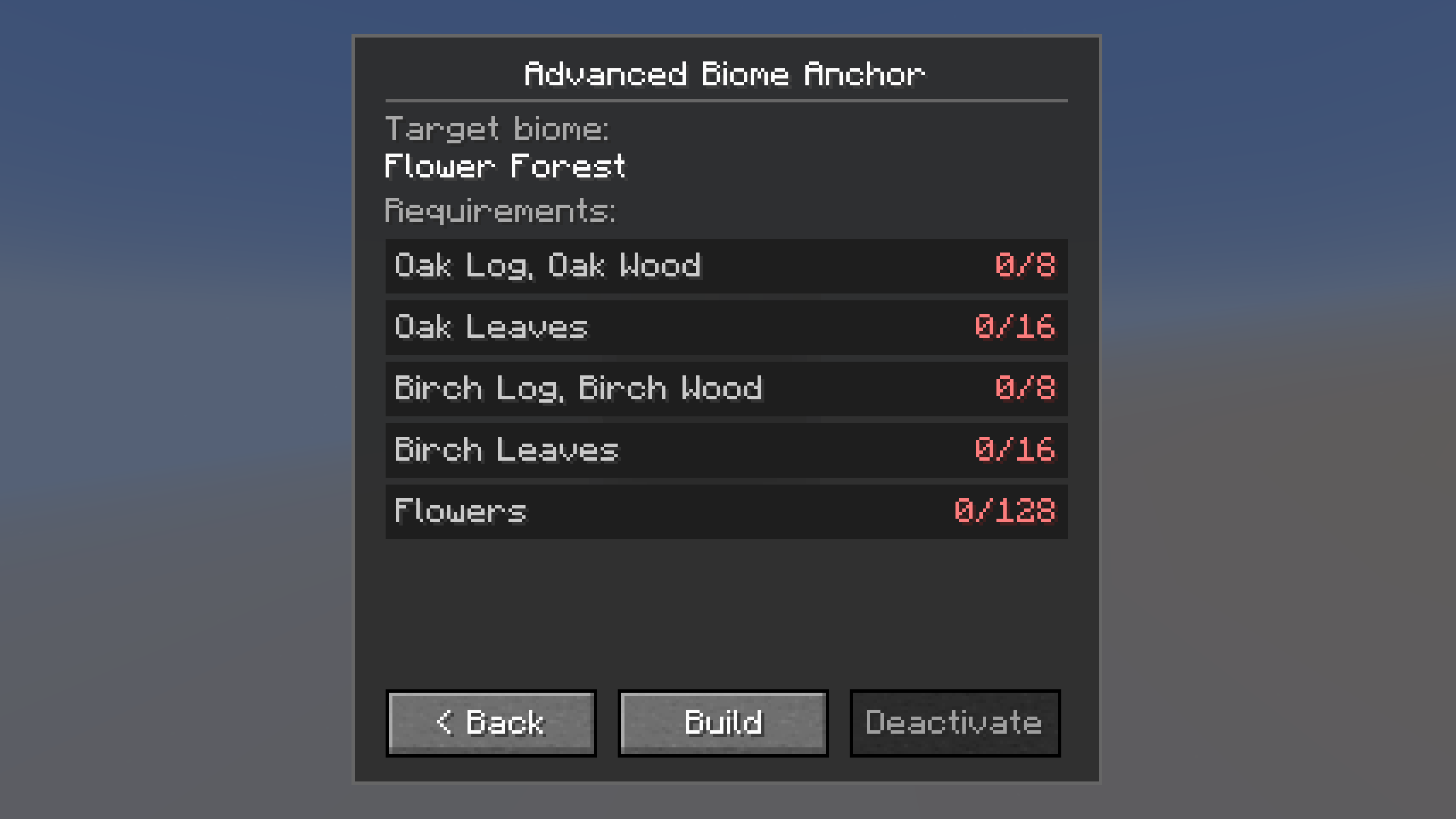 Biome Requirements Screen