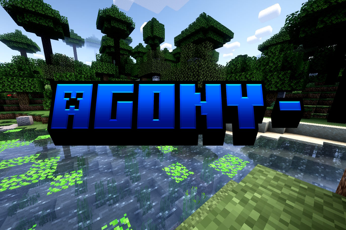 The text "Agony-" in blue in front of a forest background