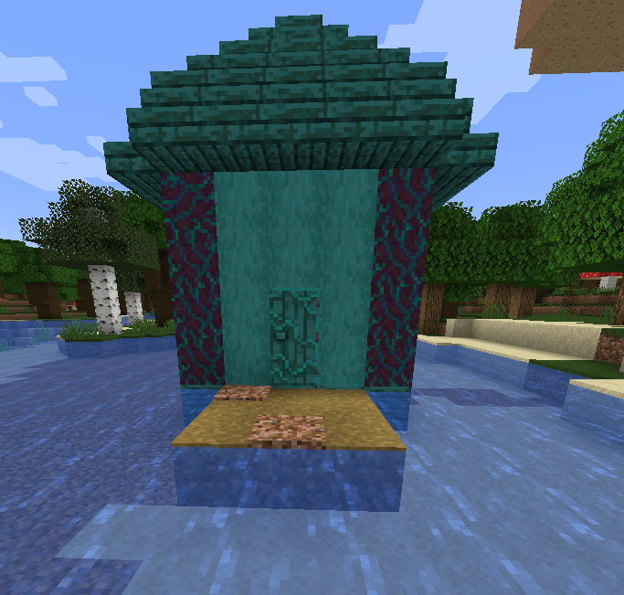 A house made of dark cyan-like wood (Warped wood), called the Brewing Tutorial