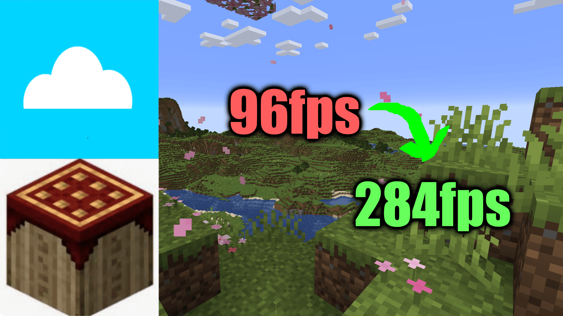 The background is a beautiful view of minecraft, on the top left is the PojavLauncher Optimized logo, on the bottom left is the PojavLauncher logo, in the middle it was written 96fps, but it became 284fps.