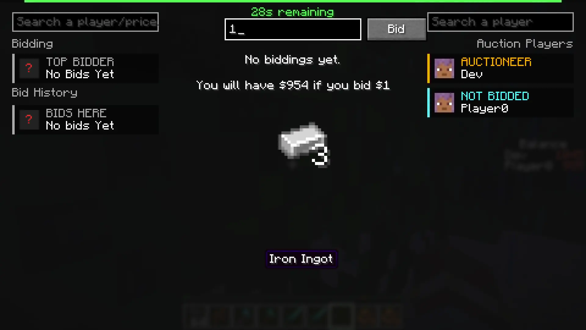 Screenshot of Bidder screen