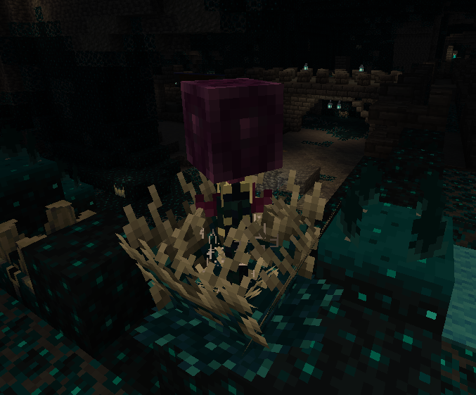 A Veric Dreamsnare lies in the Deep Dark, holding onto a Dreamseed above it.