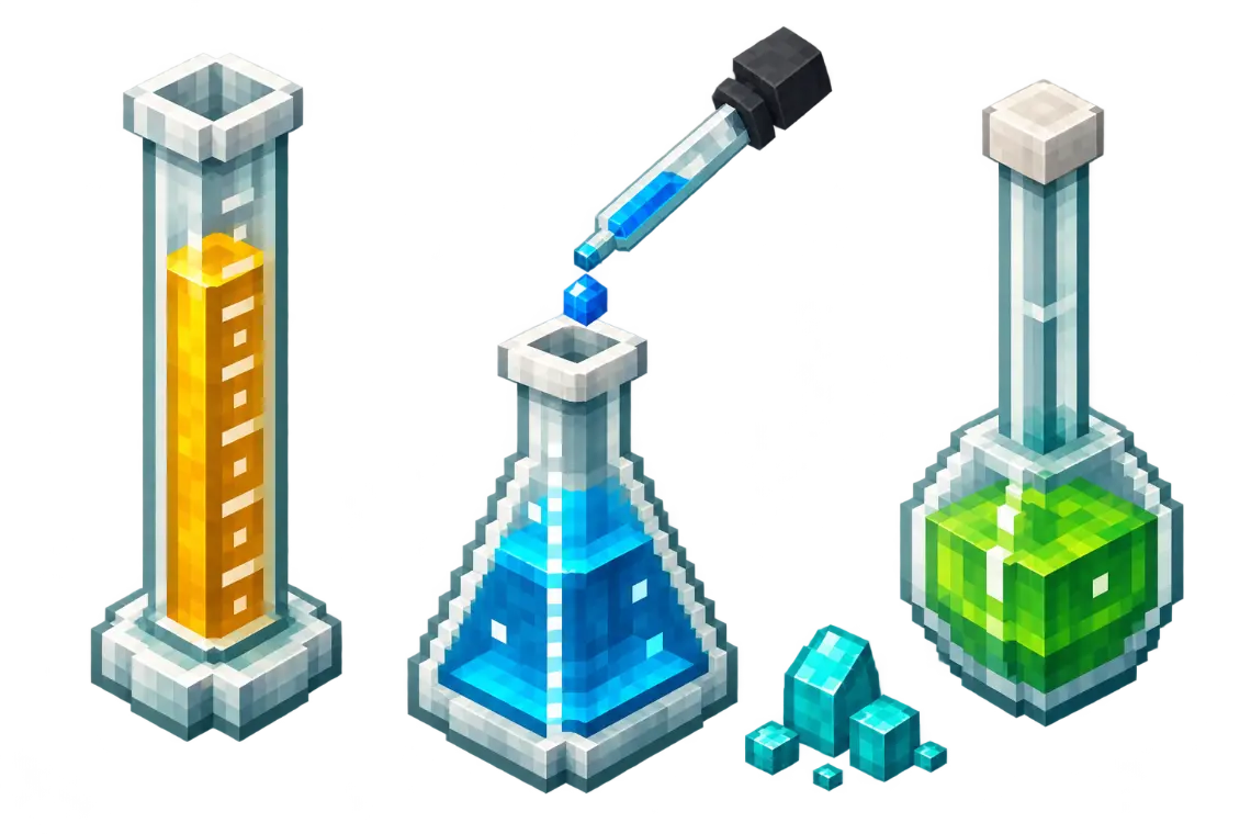 A block-art graduated cylinder, Erlenmeyer flask, and volumetric flask based on their in-mod silhouettes, with a Pipette transferring one blue drop
