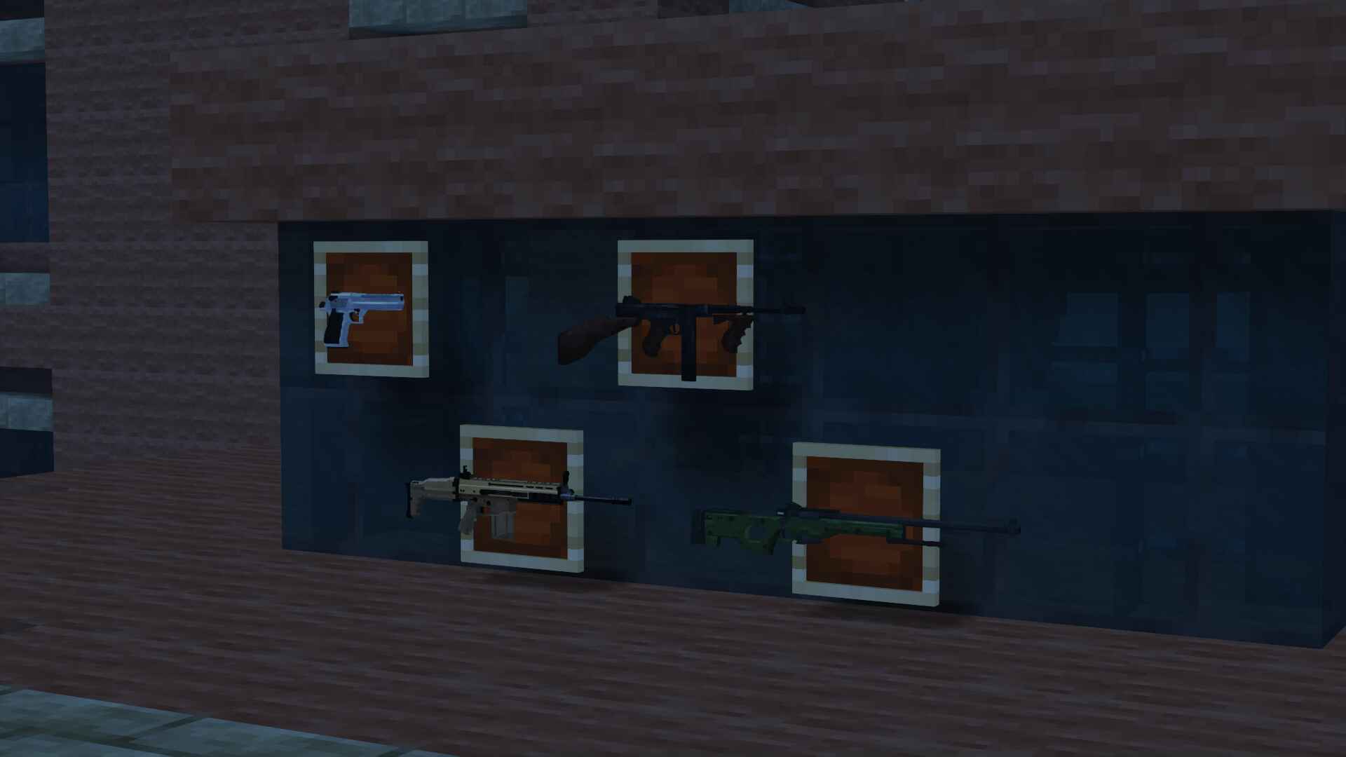 Firearms displayed inside item frames on a wall