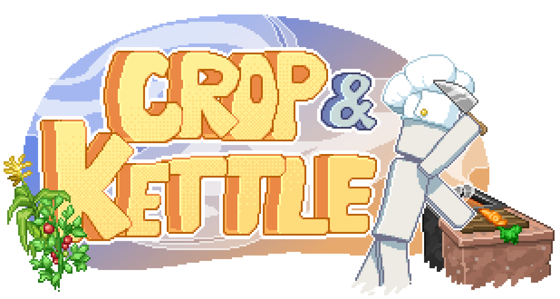 Large yellow text saying "Crop & Kettle", with a generic minecraft character (Mr. Kettle himself) standing to the right, chopping carrots on a chopping board.