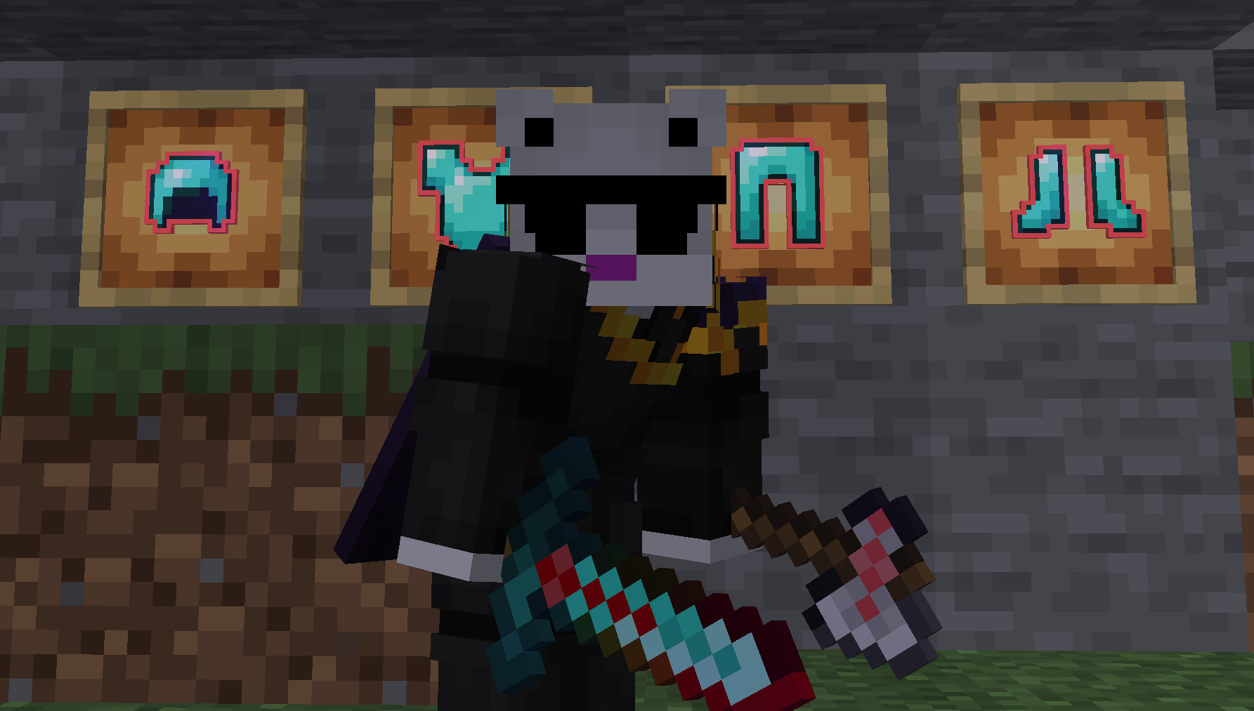 Shows A Diamond Sword with Sharpness 5 and Fire Aspect, an Iron Axe with Sharpness 4, and a full set of Protection 4 Diamond Armour in the background.