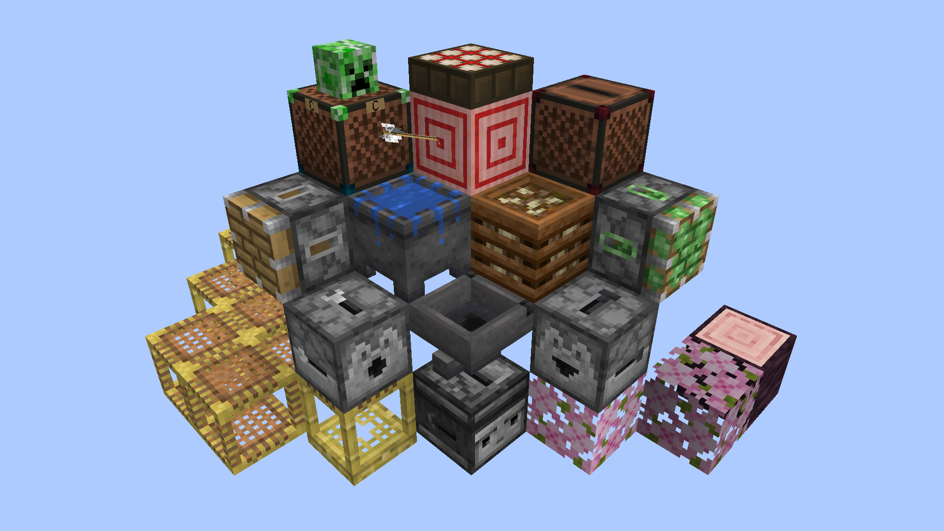 A collage of Minecraft blocks that have been edited from how they appear in the base game to make it easier to whether they are being powered and other such properties.